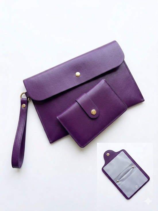Handbags - Purple Wristlet Clutch Set - Sleek Safiano Leather